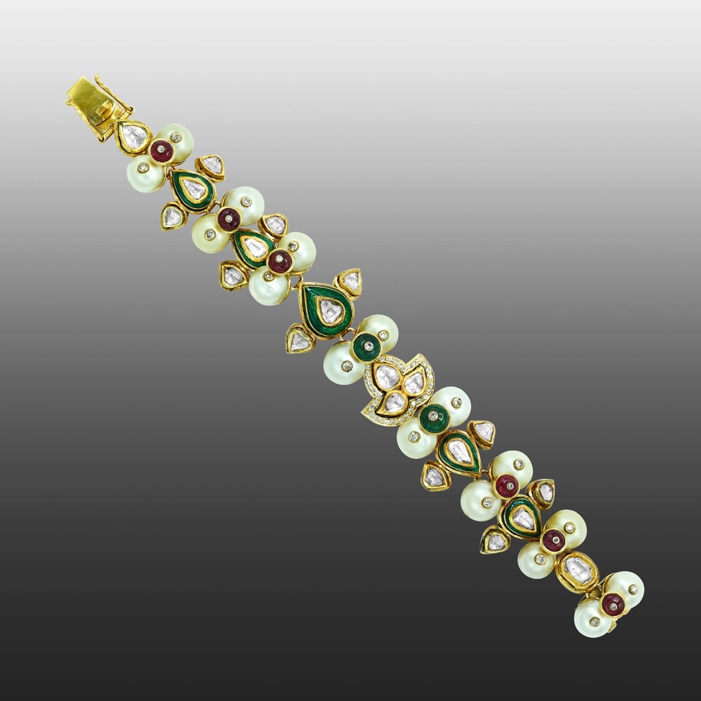 Polki Bracelet with Pearls and Enamel Floral Motifs